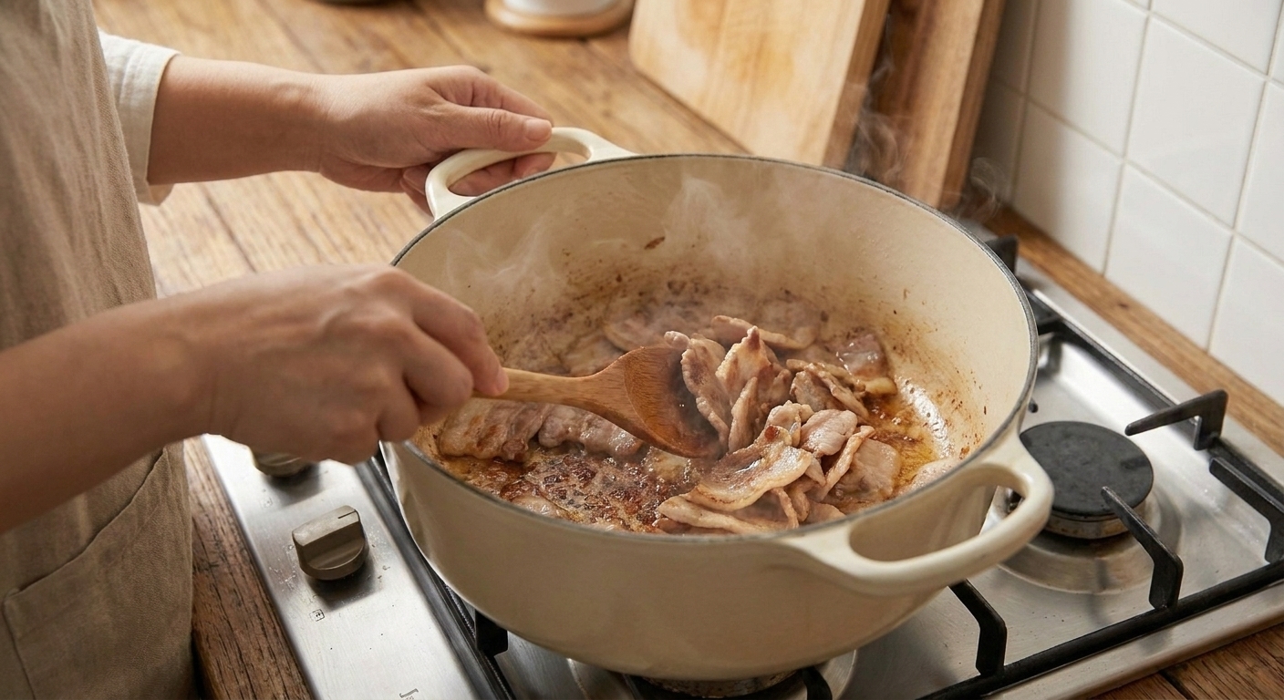 Thin slices of pork browning in a Dutch oven on a stovetop, with light steam rising as the meat cooks