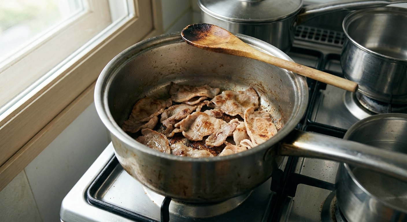 Thin slices of pork browning in the bottom of a pot on a home stove with a wooden spoon resting on the rim