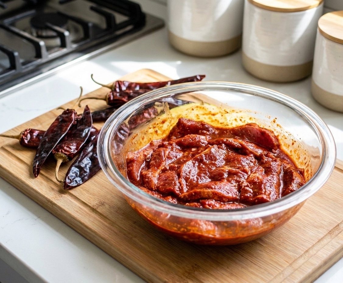 Thin slices of pork coated in a deep red al pastor marinade in a glass mixing bowl on a kitchen counter
