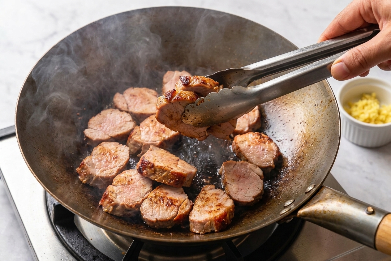 Thin slices of pork searing in a hot wok with browned edges, held by tongs over a stovetop
