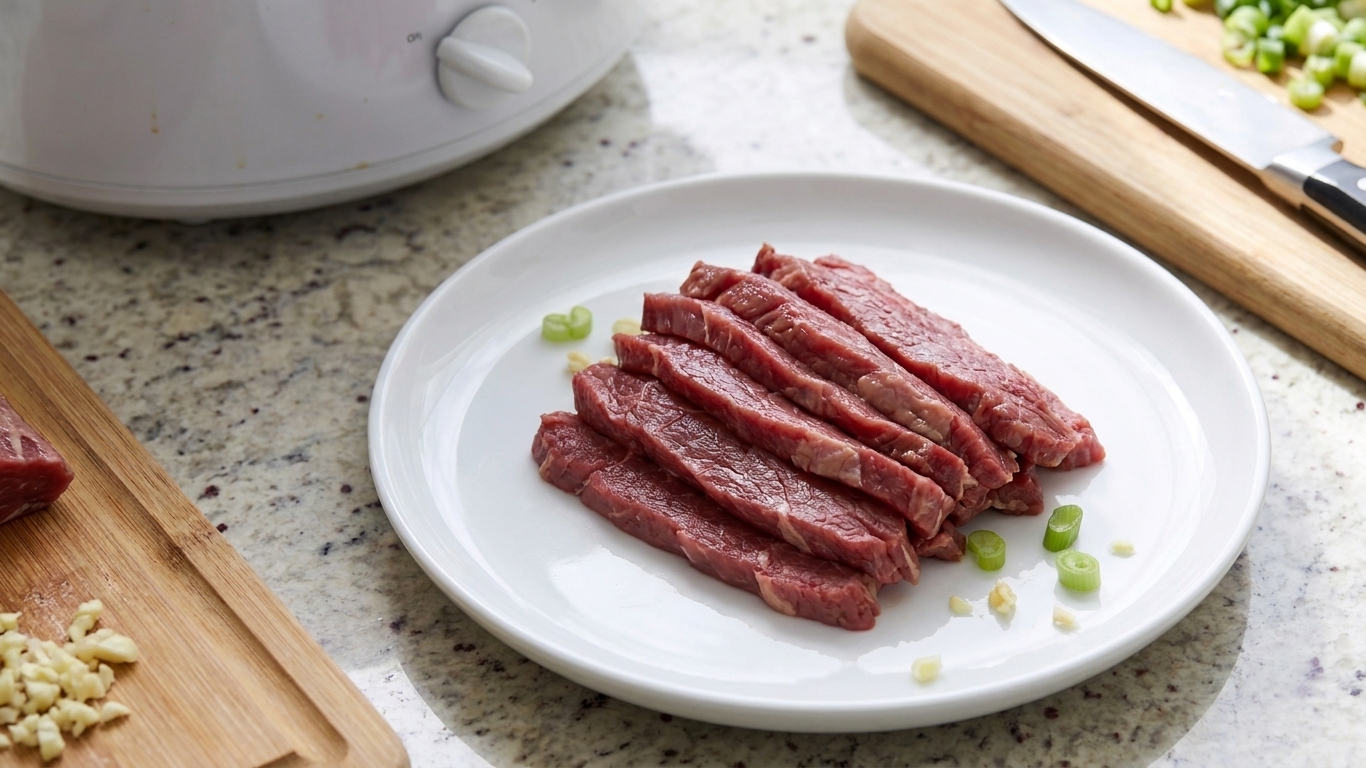 Thin slices of raw flank steak ready to be added to the slow cooker, arranged in a small pile