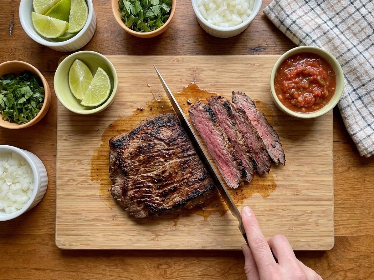 Thin slices of rested carne asada being cut across the grain on a cutting board with a sharp chef's knife