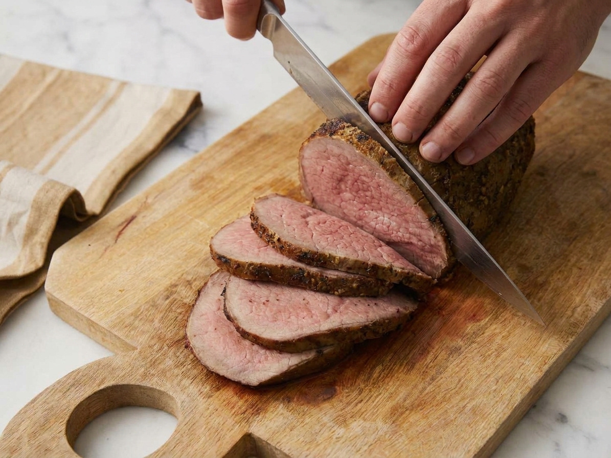 Thin slices of rested eye of round roast being cut against the grain with a long slicing knife on a wooden cutting board
