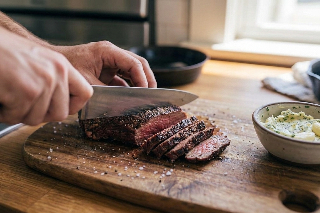 Thin slices of rested hanger steak being cut against the grain on a wooden cutting board with a chef knife