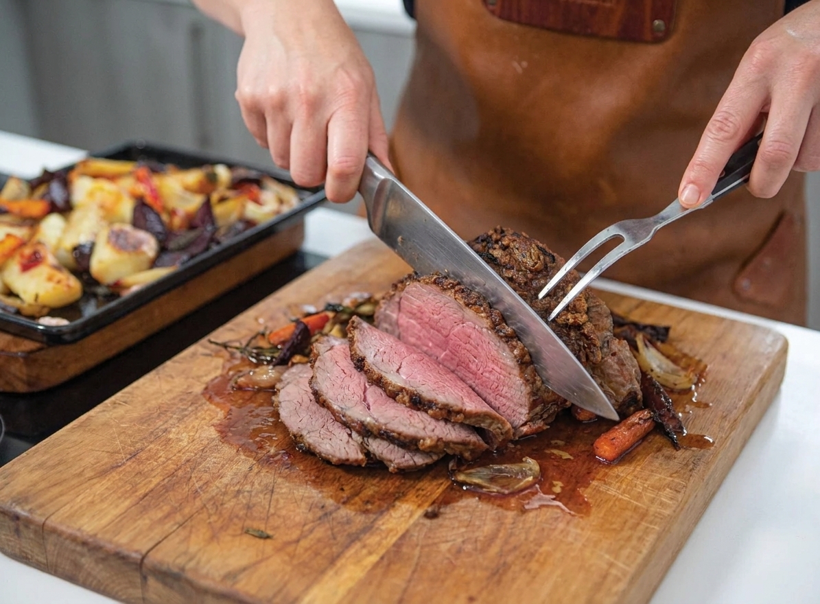 Thin slices of roast beef being cut against the grain on a wooden cutting board with resting juices nearby