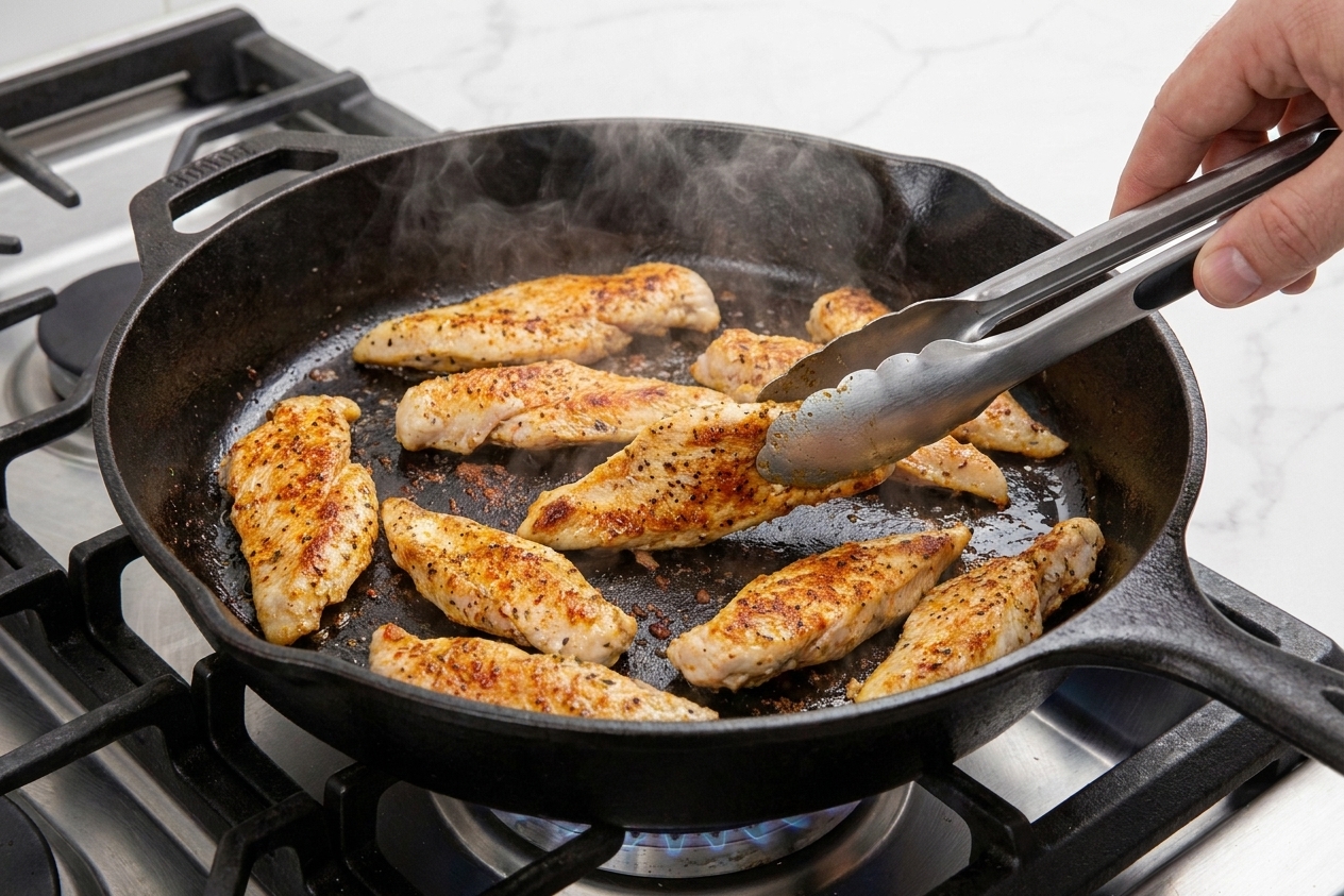 Thin slices of seasoned chicken browning in a hot skillet with crisp edges starting to form