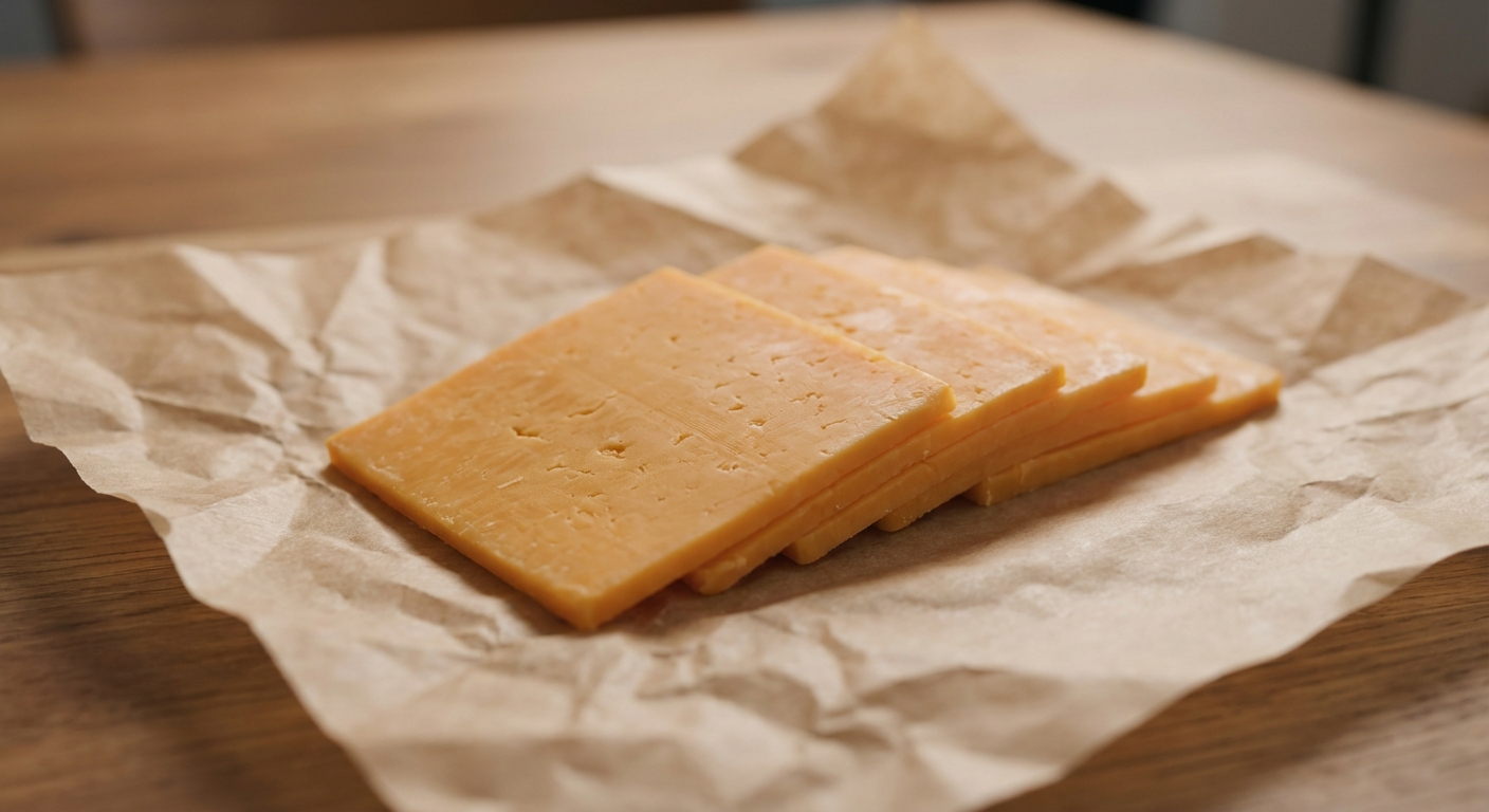 Thin slices of sharp cheddar cheese on parchment paper