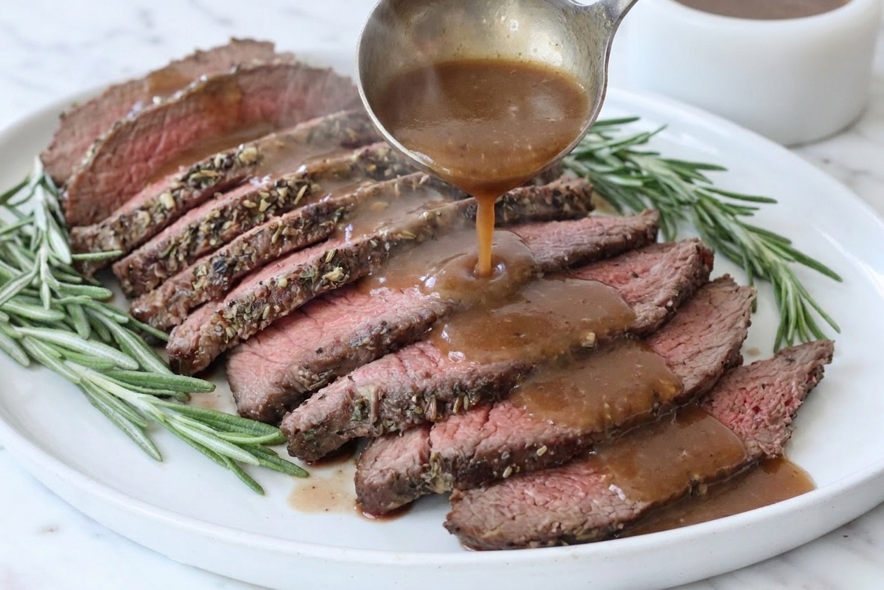 Thin slices of sirloin tip roast arranged on a platter with pan gravy being poured over the top