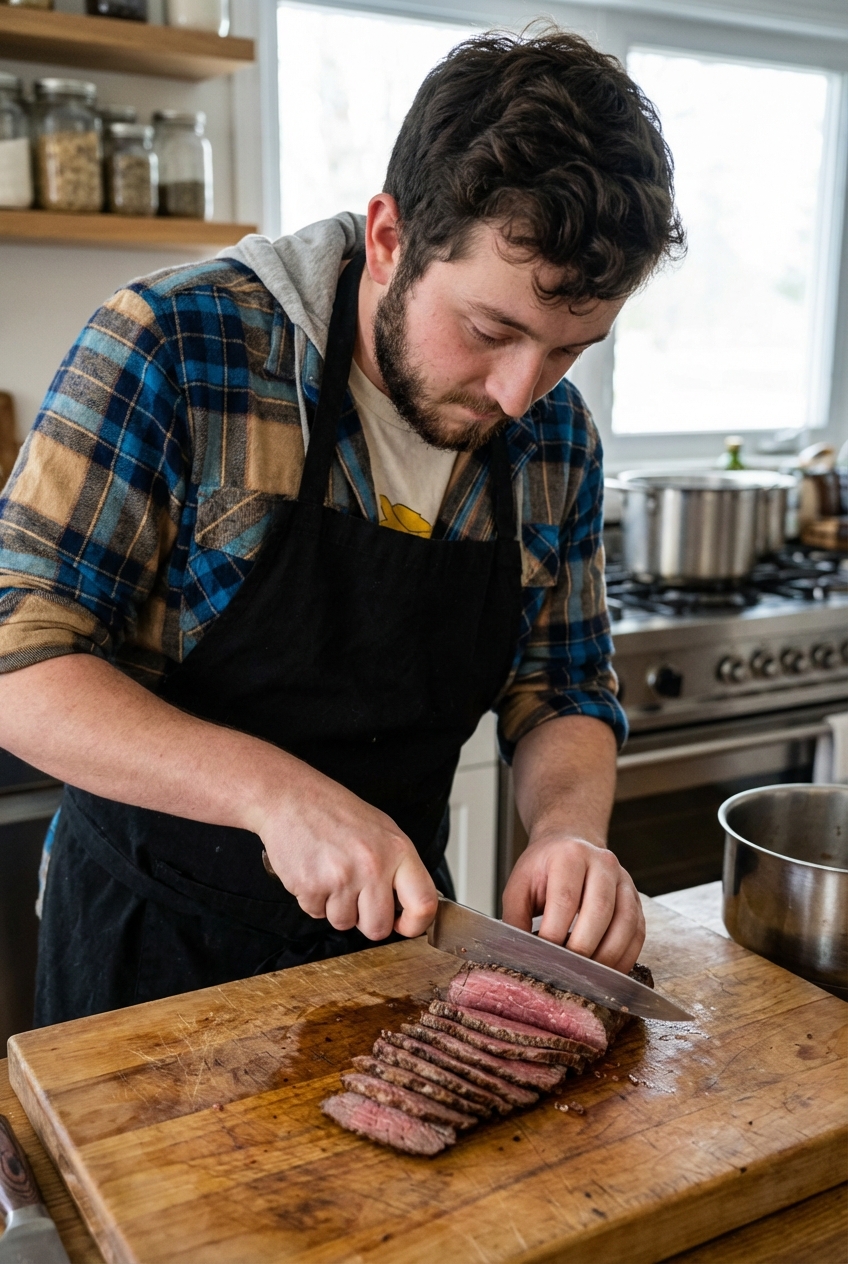 Thin slices of sirloin tip roast being cut across the grain on a wooden cutting board