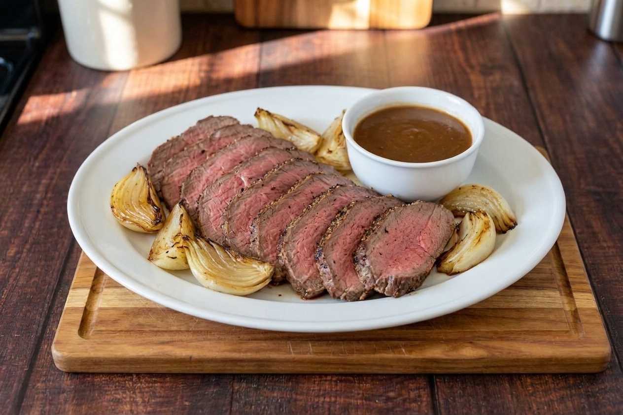 Thin slices of top round roast fanned on a serving platter with roasted onions and a small bowl of brown gravy
