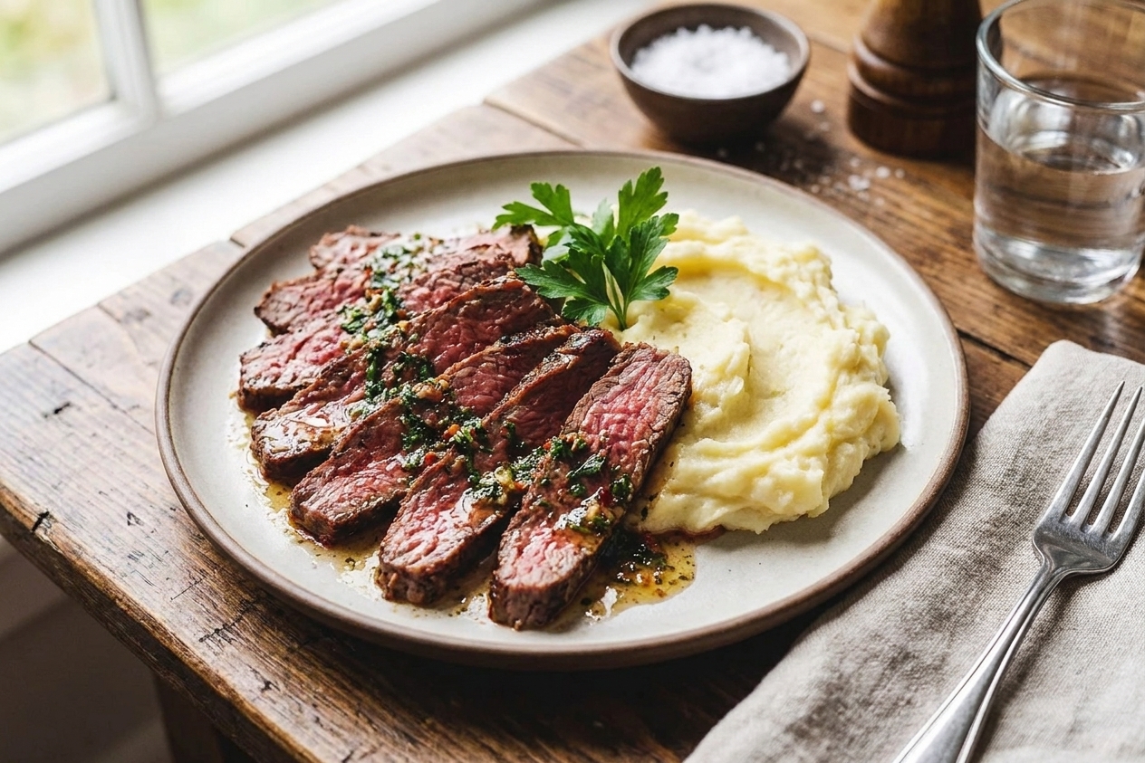 Thin slices of top round steak topped with garlic butter sauce, served with mashed potatoes on a simple dinner table setting