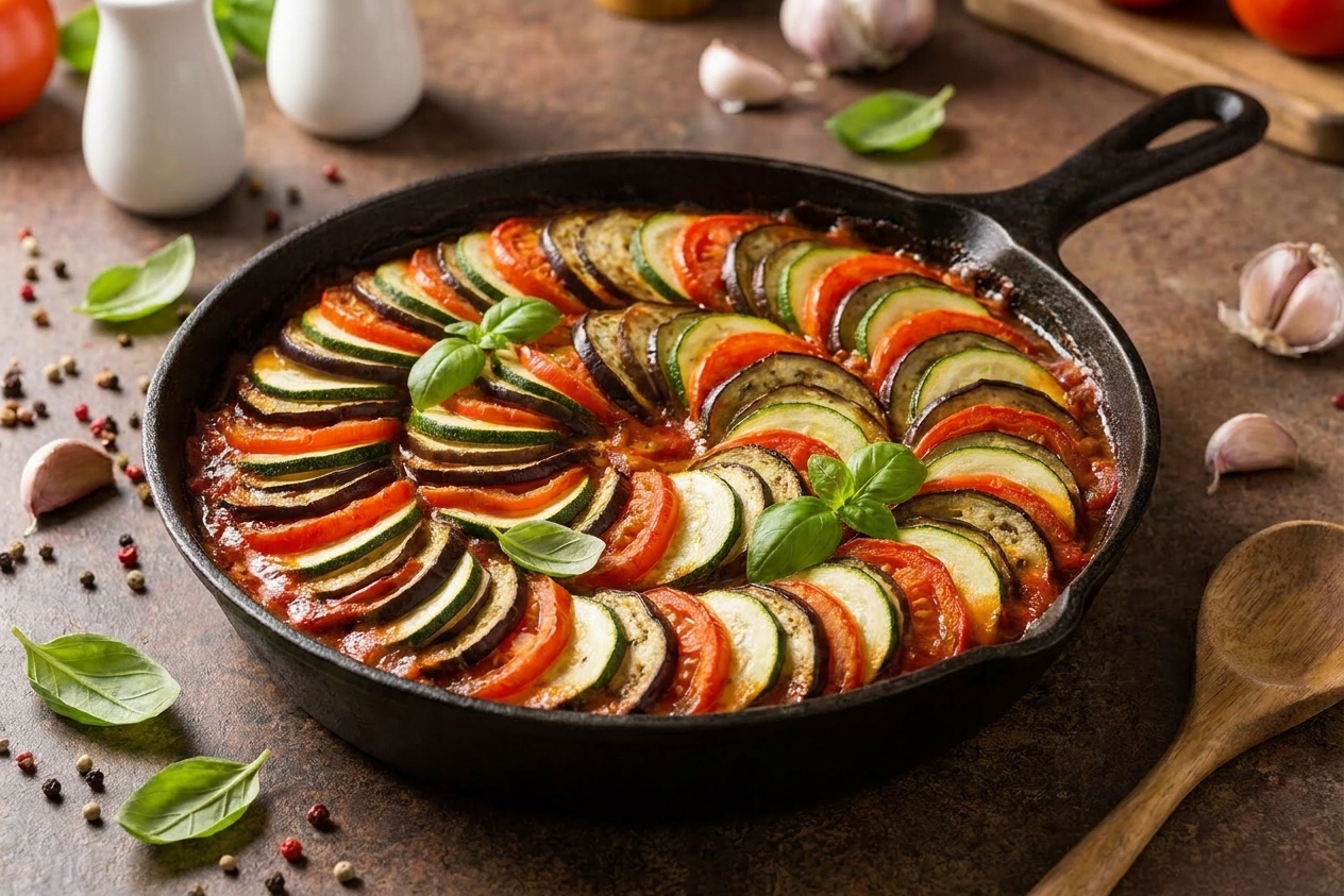 Thin slices of zucchini, eggplant, yellow squash, and tomato arranged in a tight spiral pattern in a skillet over red sauce