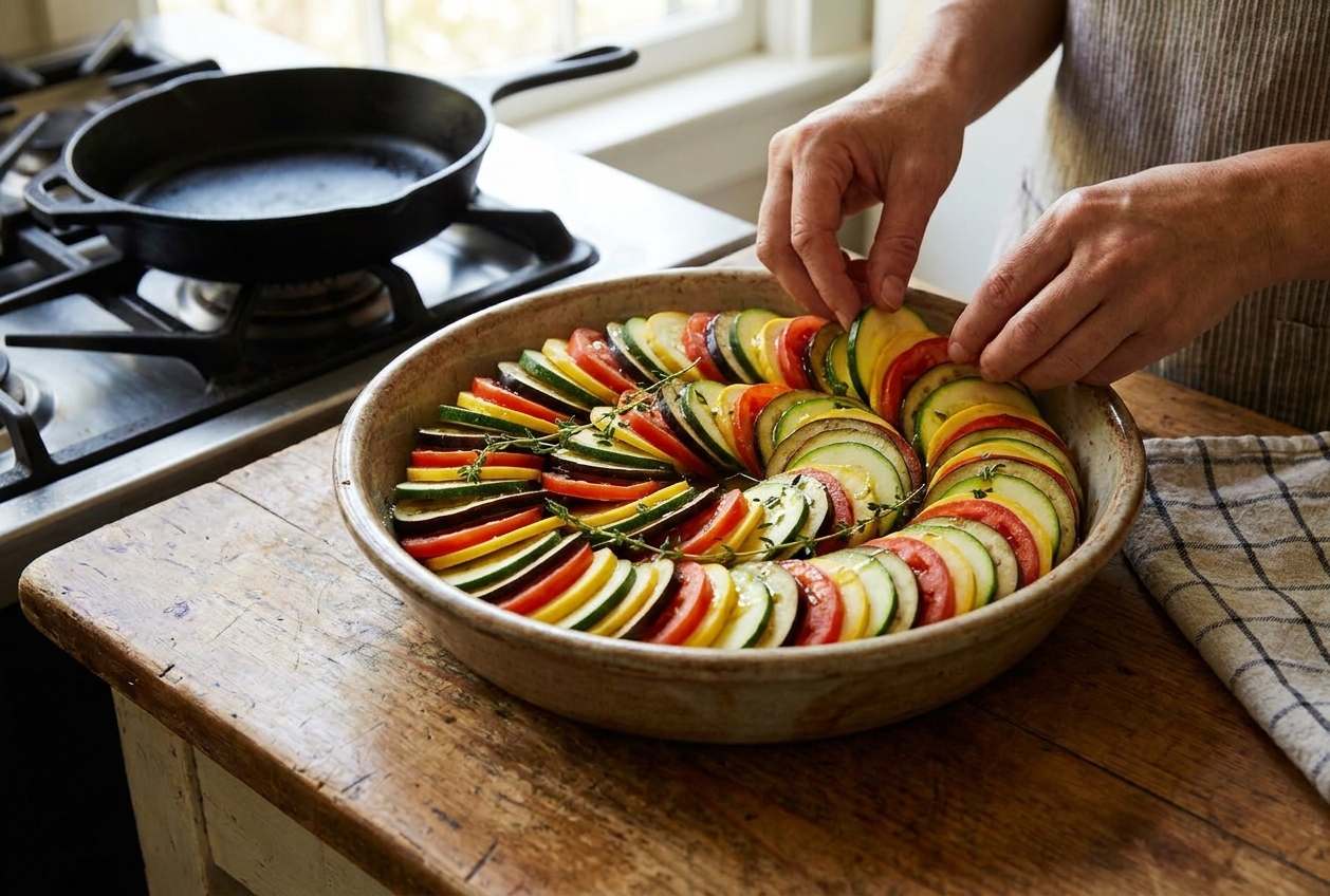 Thin slices of zucchini, eggplant, yellow squash, and tomato arranged in an overlapping spiral in a round baking dish