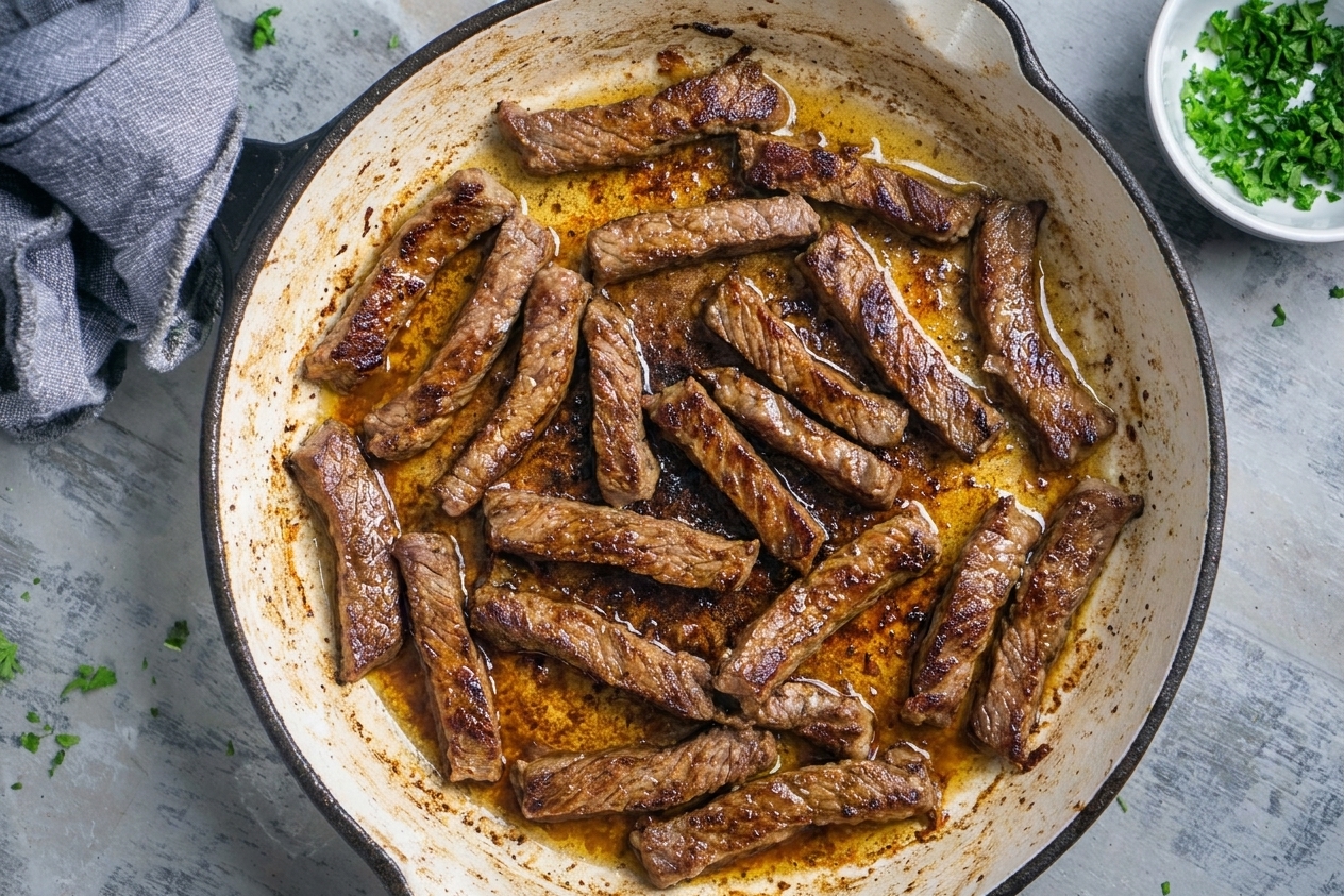 Thin strips of beef browning in a hot skillet with a light sheen of oil, edges caramelized