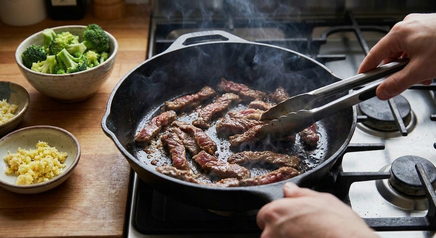 Thin strips of beef searing in a hot skillet with browned edges, captured mid-cook on a stovetop
