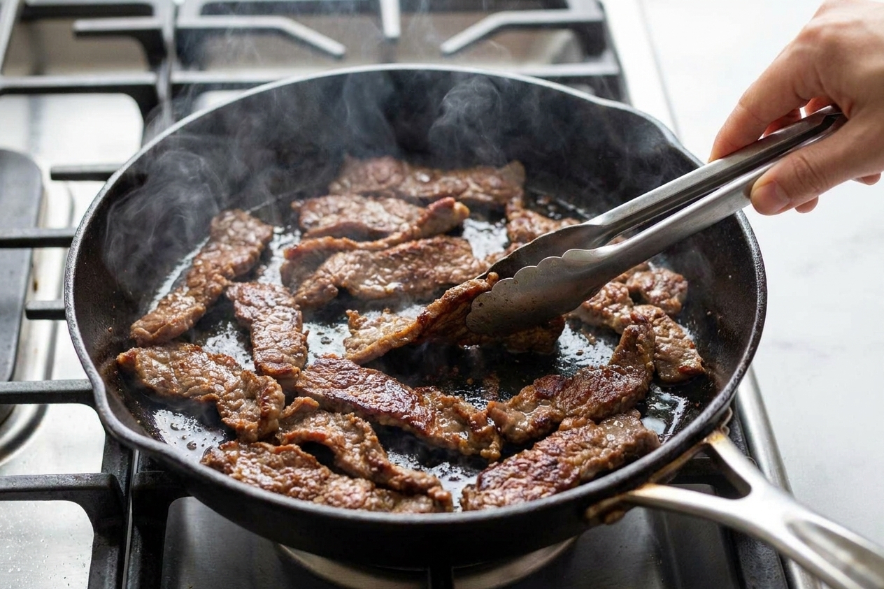 Thin strips of beef searing in a hot skillet with browned edges forming on a stovetop