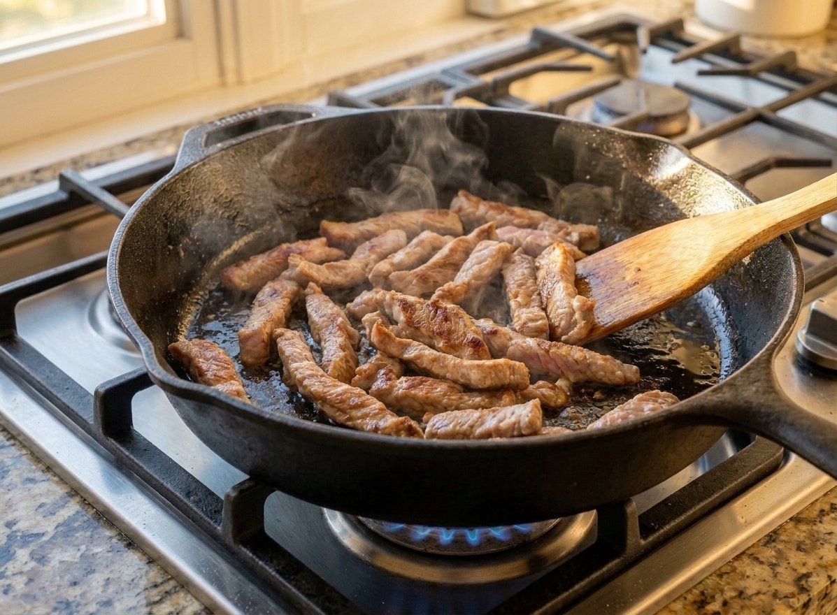 Thin strips of pork searing in a hot skillet with light browning on the edges