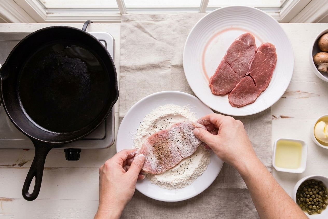 Thin veal cutlets being lightly dredged in flour on a plate beside a skillet on a home kitchen counter