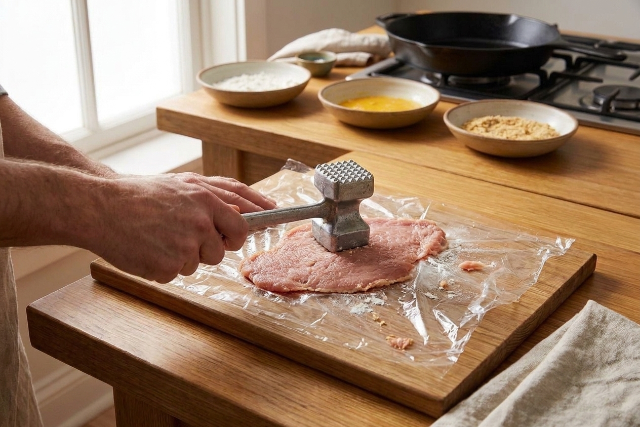 Thin veal or pork cutlets being pounded under plastic wrap on a cutting board with a meat mallet, warm kitchen counter lighting