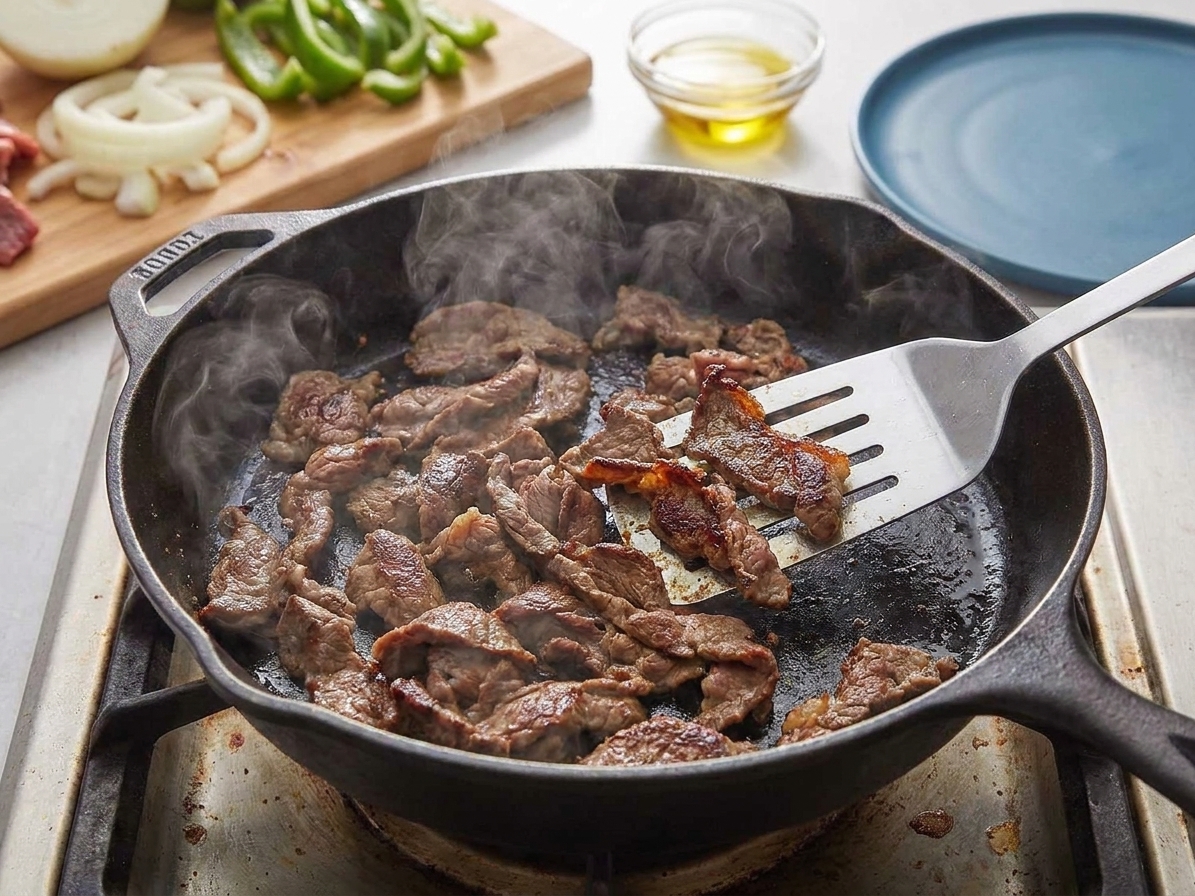 Thinly shaved steak browning in a hot skillet with crisping edges, being stirred with a metal spatula