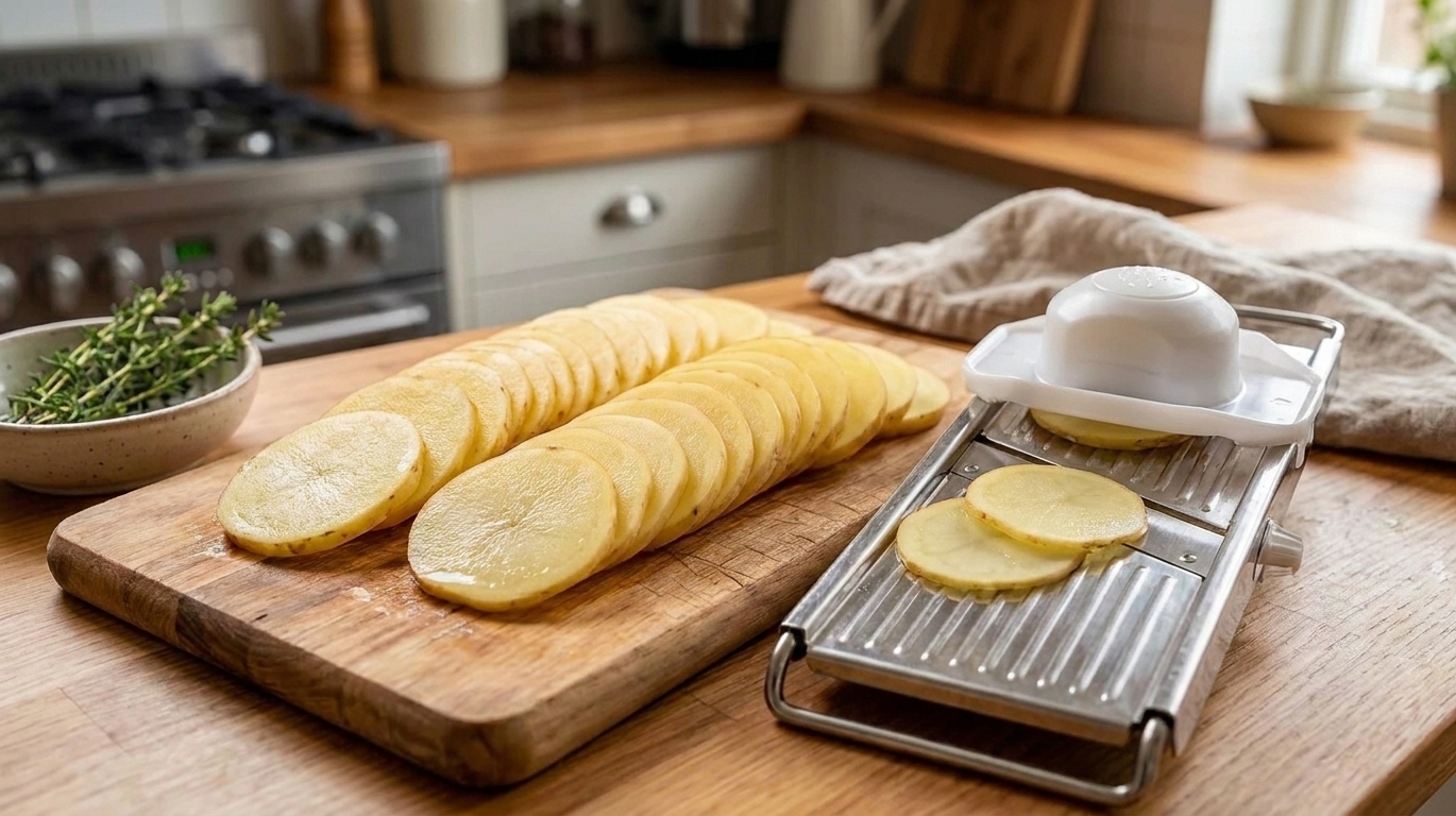 Thinly sliced Yukon Gold potatoes fanned out on a cutting board next to a mandoline on a bright kitchen counter