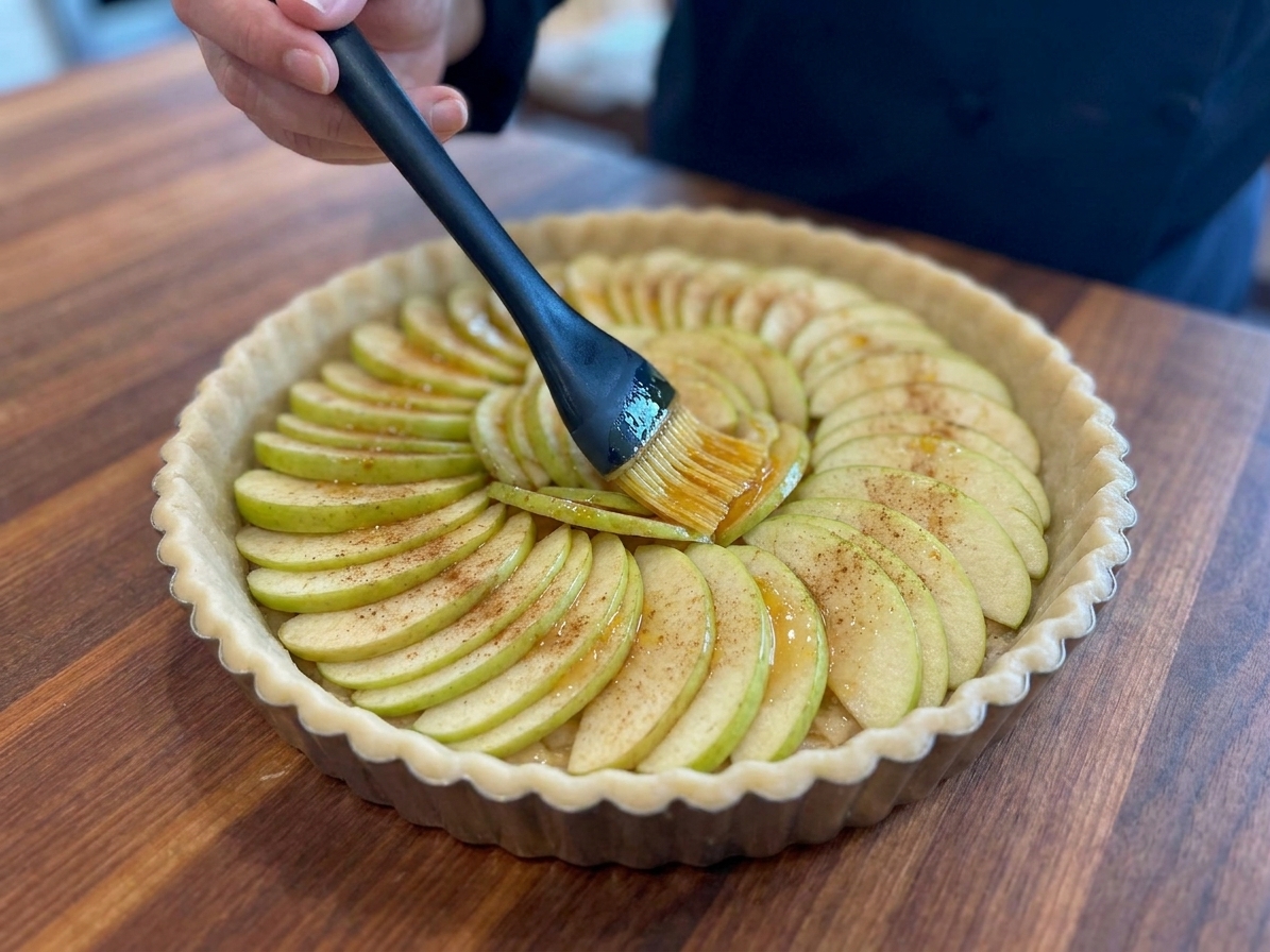 Thinly sliced apples fanned and layered tightly inside a tart shell