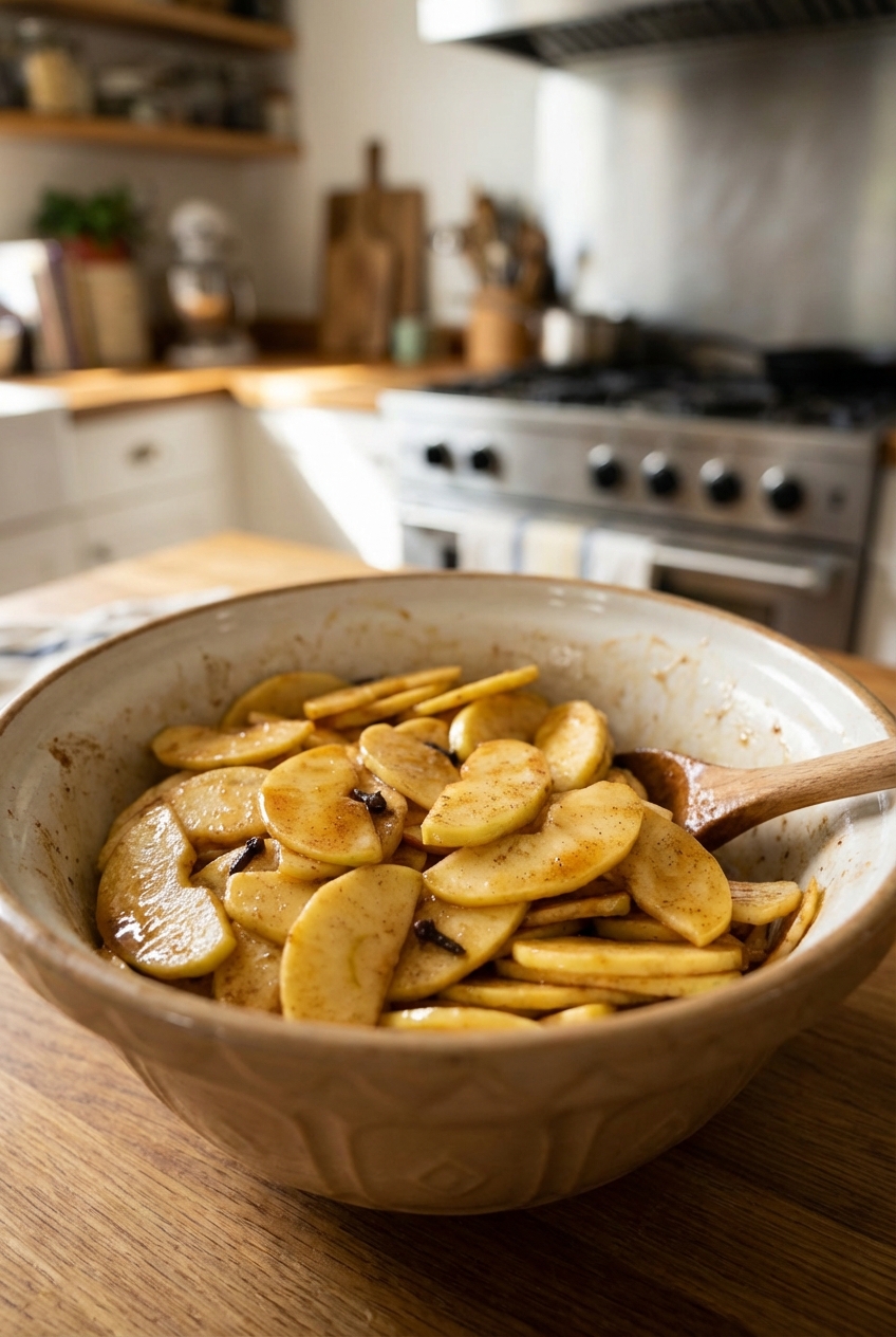 Thinly sliced apples in a mixing bowl with brown butter and spices
