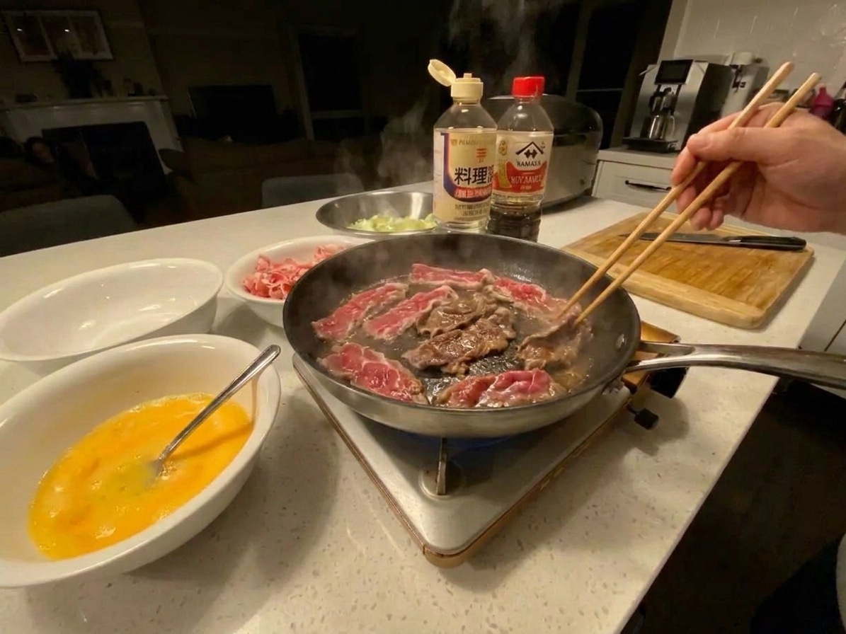Thinly sliced beef browning in a single layer in a hot skillet on a stovetop