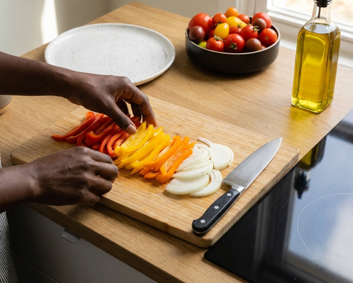 Thinly sliced bell peppers and onions on a wooden cutting board next to a chef’s knife in a bright home kitchen