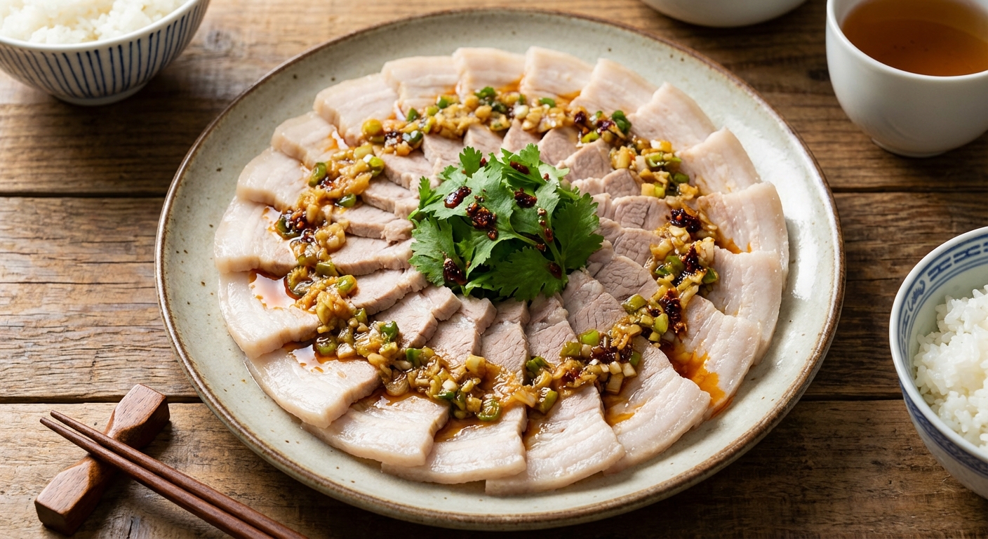 Thinly sliced boiled pork arranged on a plate with glossy ginger scallion sauce spooned over the top