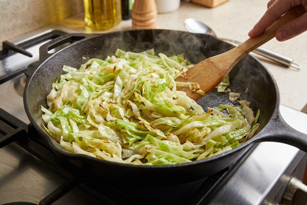 Thinly sliced cabbage wilting and turning glossy in a large skillet on a stovetop with steam rising