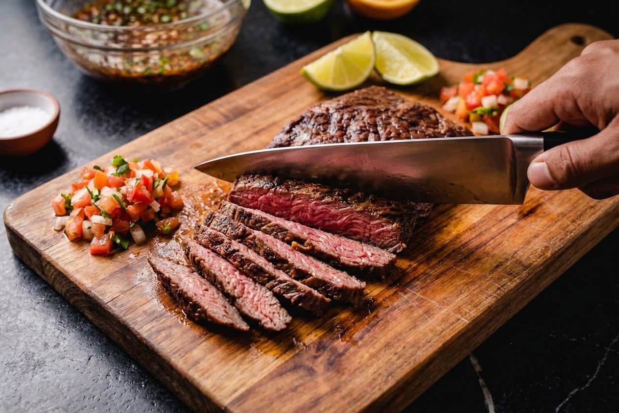 Thinly sliced carne asada being cut against the grain on a wooden cutting board