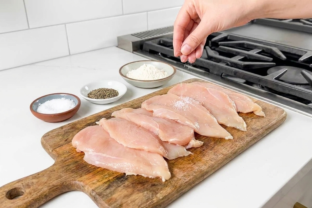 Thinly sliced chicken breast cutlets on a wooden cutting board with salt, pepper, and a small bowl of flour nearby