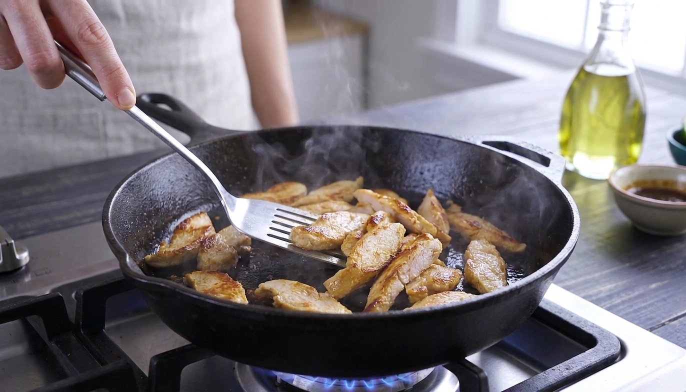 Thinly sliced chicken cooking in a hot skillet with light browning on the edges