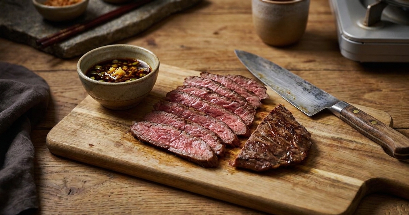 Thinly sliced cooked flank steak resting on a cutting board with a chef’s knife and a small bowl of soy-ginger sauce nearby