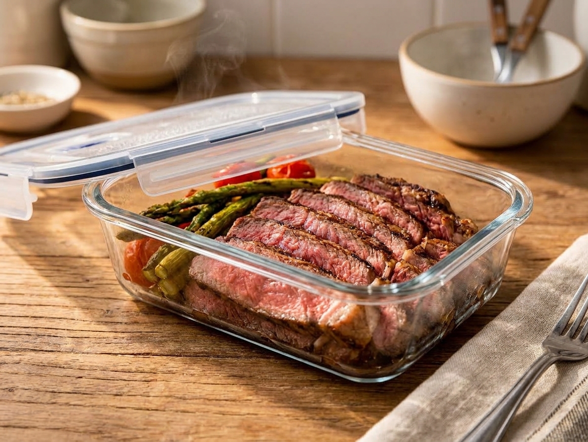 Thinly sliced cooked striploin steak arranged in a glass meal prep container with a lid on a kitchen counter