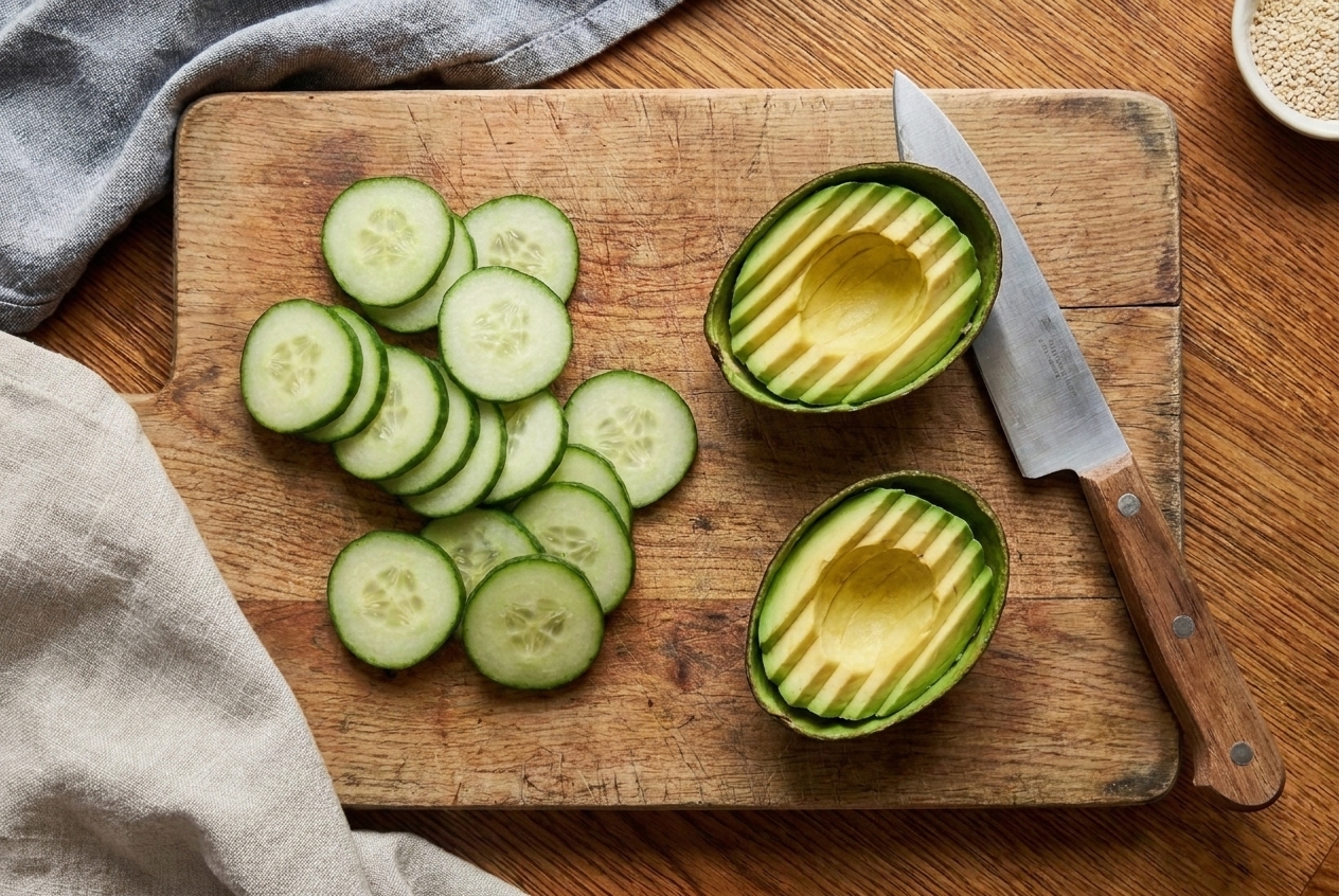 Thinly sliced cucumber rounds and fanned avocado slices on a cutting board beside a chef's knife