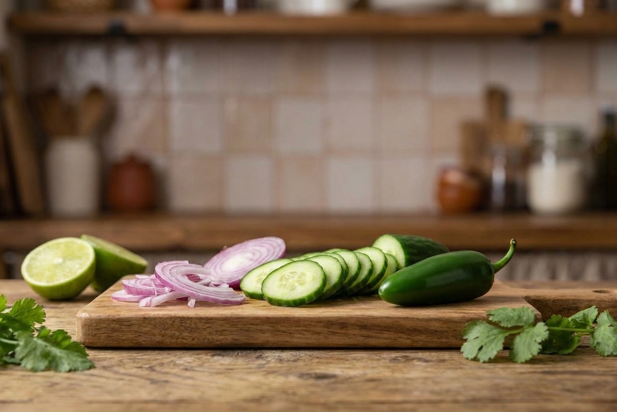 Thinly sliced cucumber rounds and red onion slices with a whole jalapeño on a cutting board, ready for aguachile prep