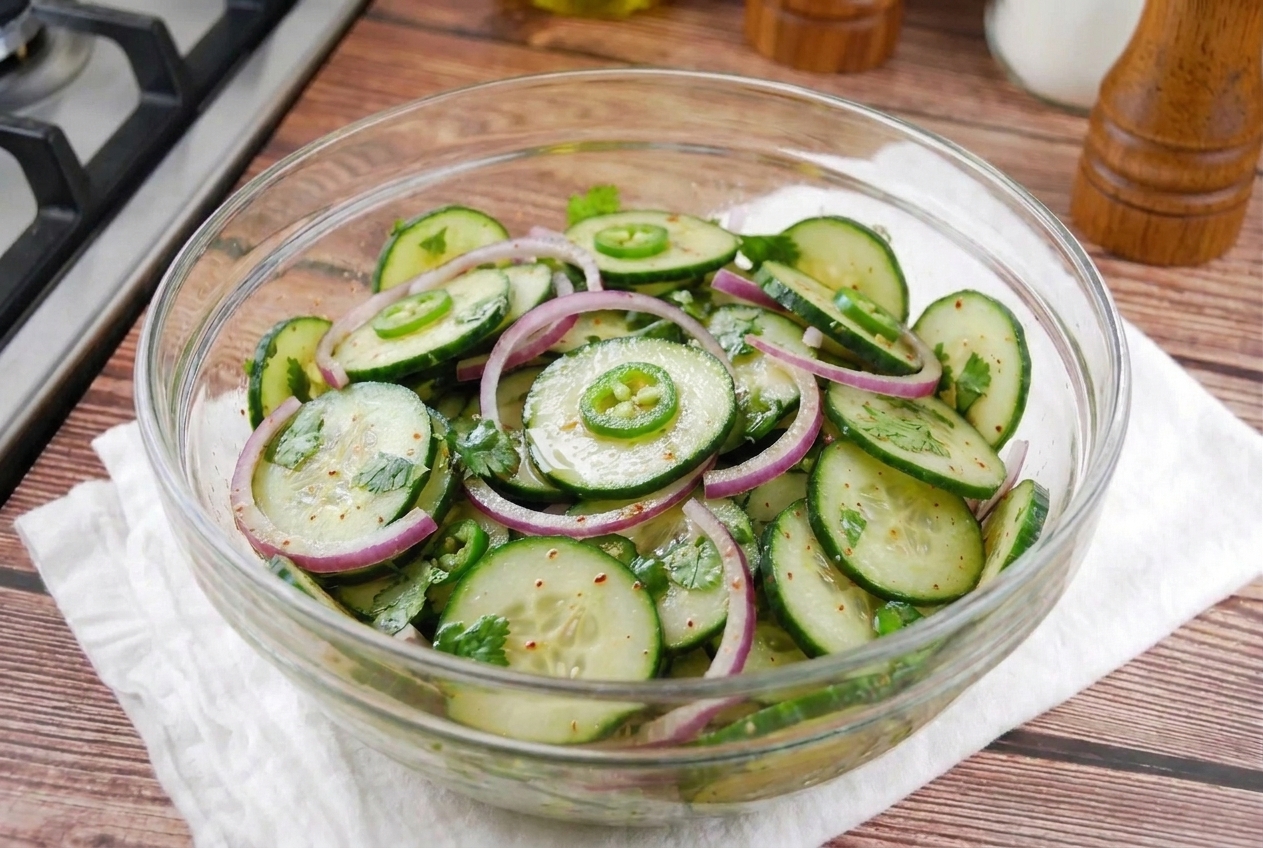 Thinly sliced cucumbers and red onion in a large mixing bowl on a kitchen counter, ready to be dressed