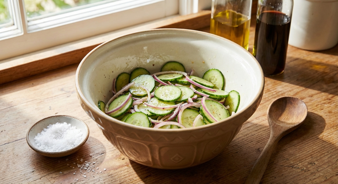 Thinly sliced cucumbers and red onion in a mixing bowl with salt nearby on a kitchen counter