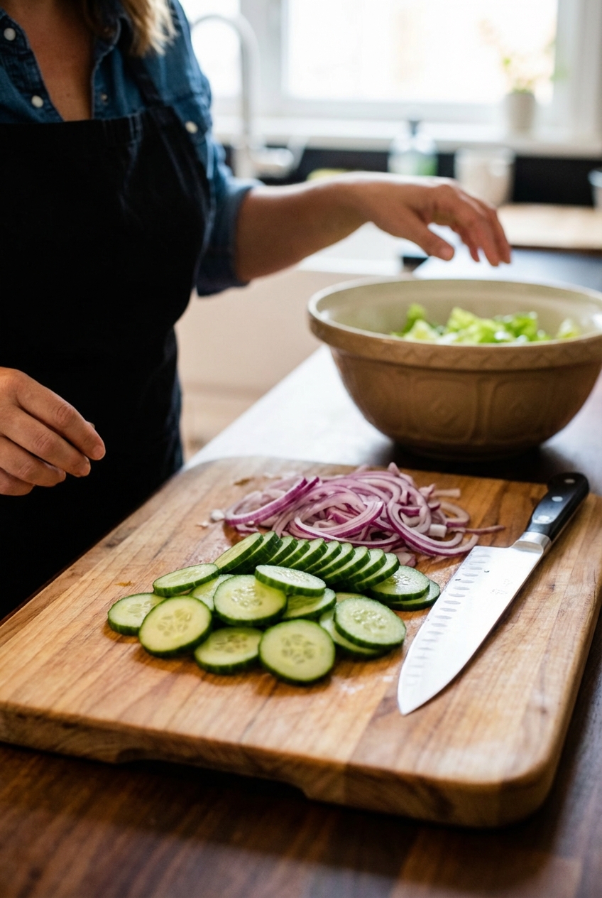 Thinly sliced cucumbers and red onion on a cutting board with a chef's knife, ready to be mixed into a salad