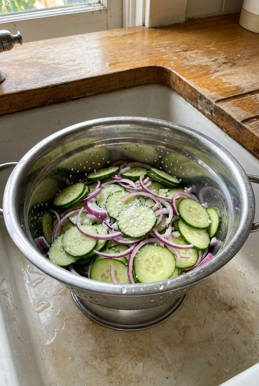 Thinly sliced cucumbers and red onion resting in a colander with salt