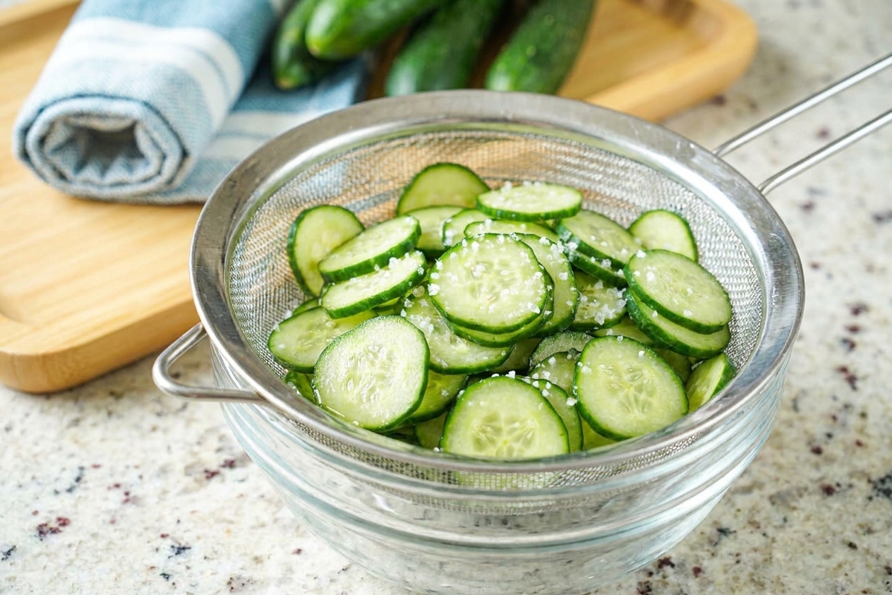 Thinly sliced cucumbers in a colander with a light sprinkle of salt, set over a bowl on a kitchen counter