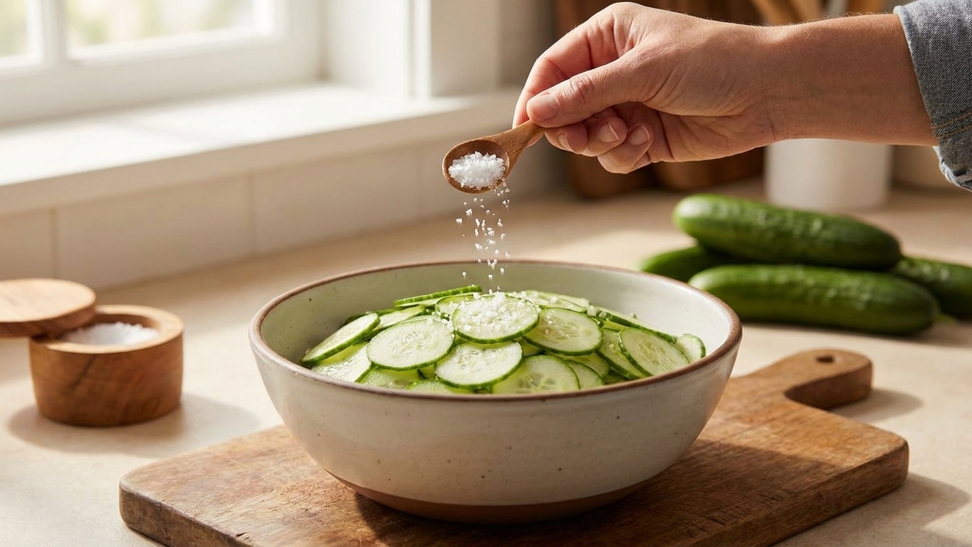 Thinly sliced cucumbers in a mixing bowl being sprinkled with kosher salt on a kitchen counter