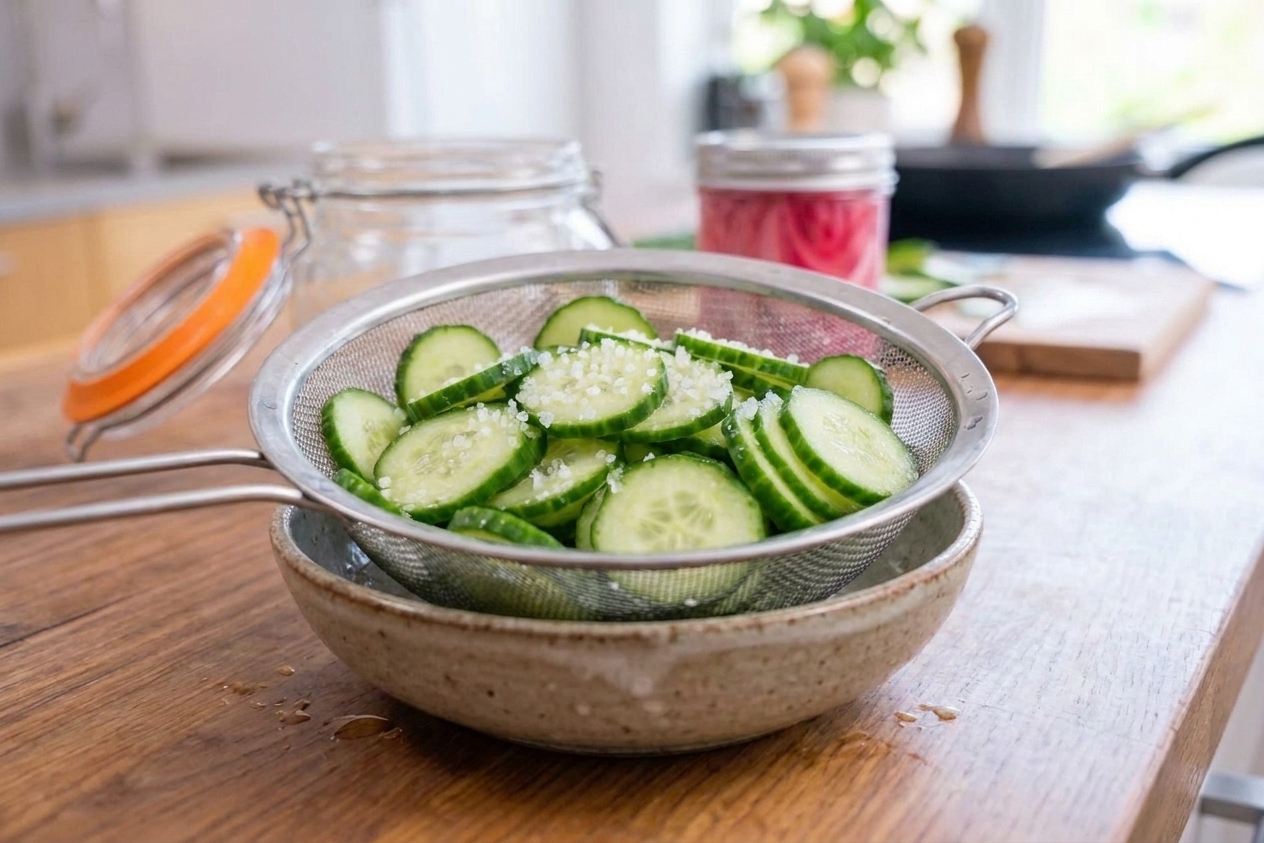 Thinly sliced cucumbers resting in a colander with visible salt crystals, set over a bowl on a kitchen counter