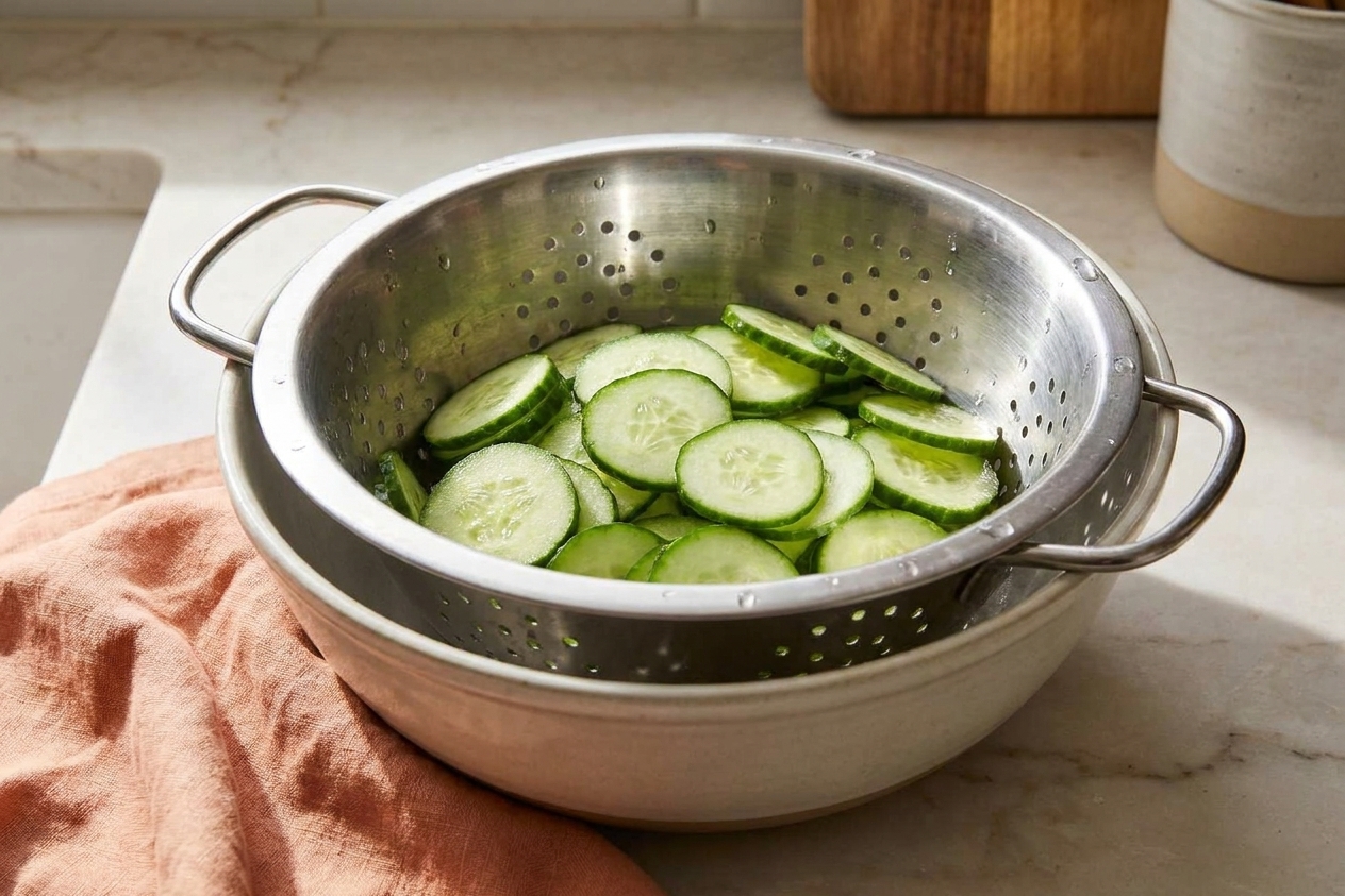 Thinly sliced cucumbers resting in a metal colander over a bowl on a light kitchen counter