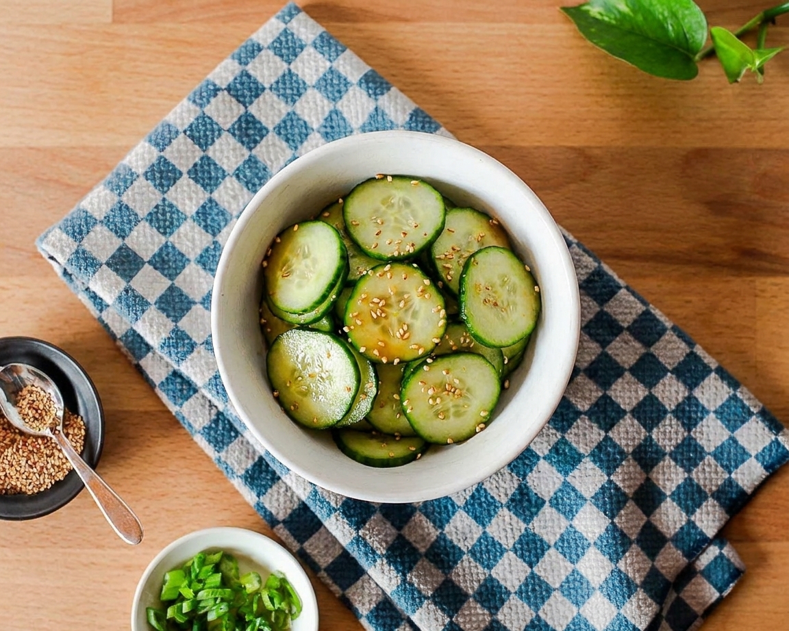 Thinly sliced cucumbers tossed with sesame seeds in a white bowl on a wooden counter