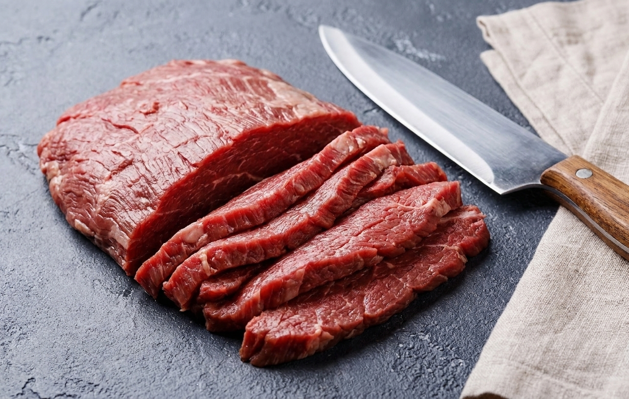 Thinly sliced flank steak arranged in a pile with a chef’s knife beside it