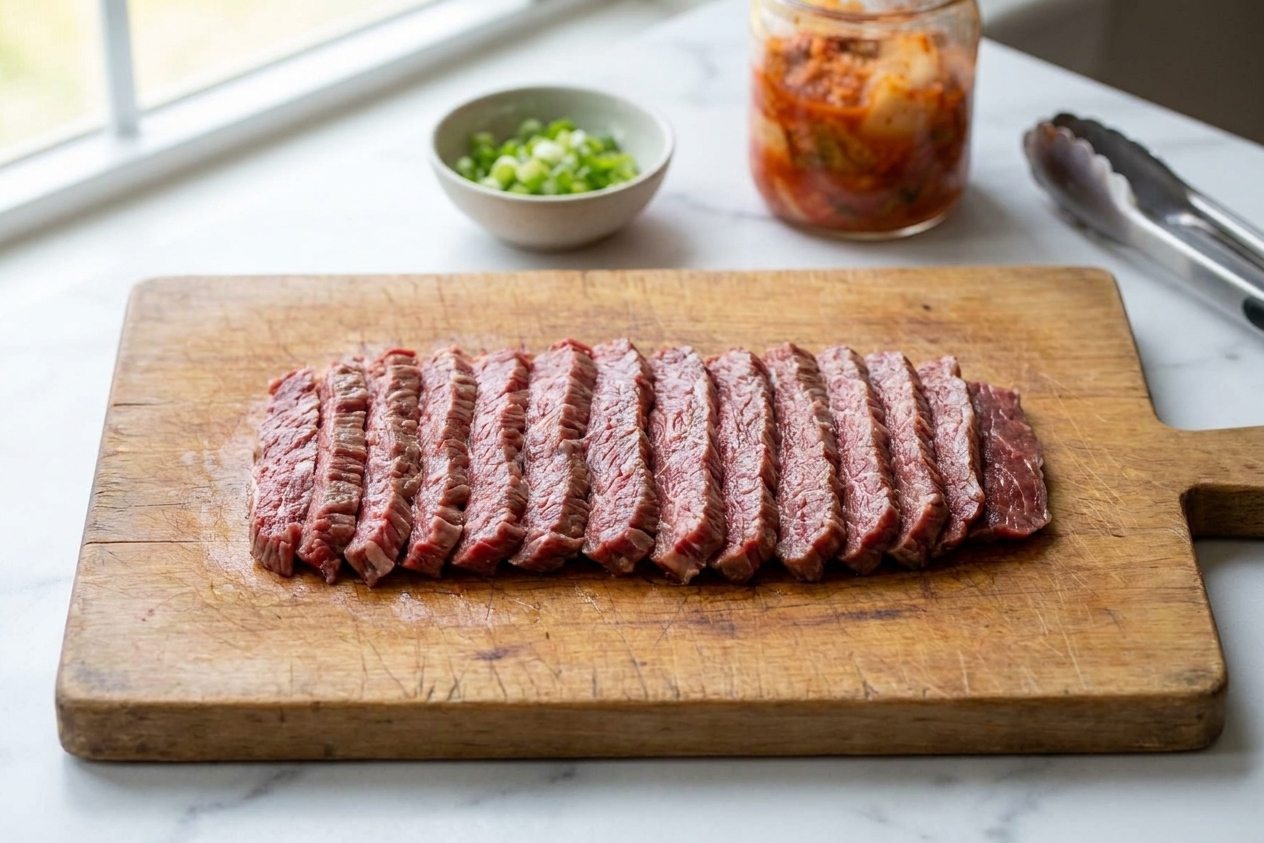 Thinly sliced flank steak arranged in a single layer on a wooden cutting board in a bright home kitchen