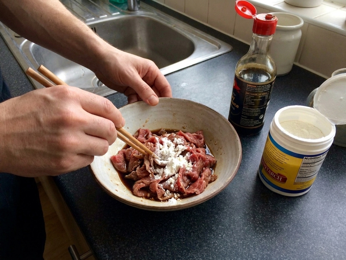 Thinly sliced flank steak in a bowl with cornstarch and soy sauce being mixed on a kitchen counter